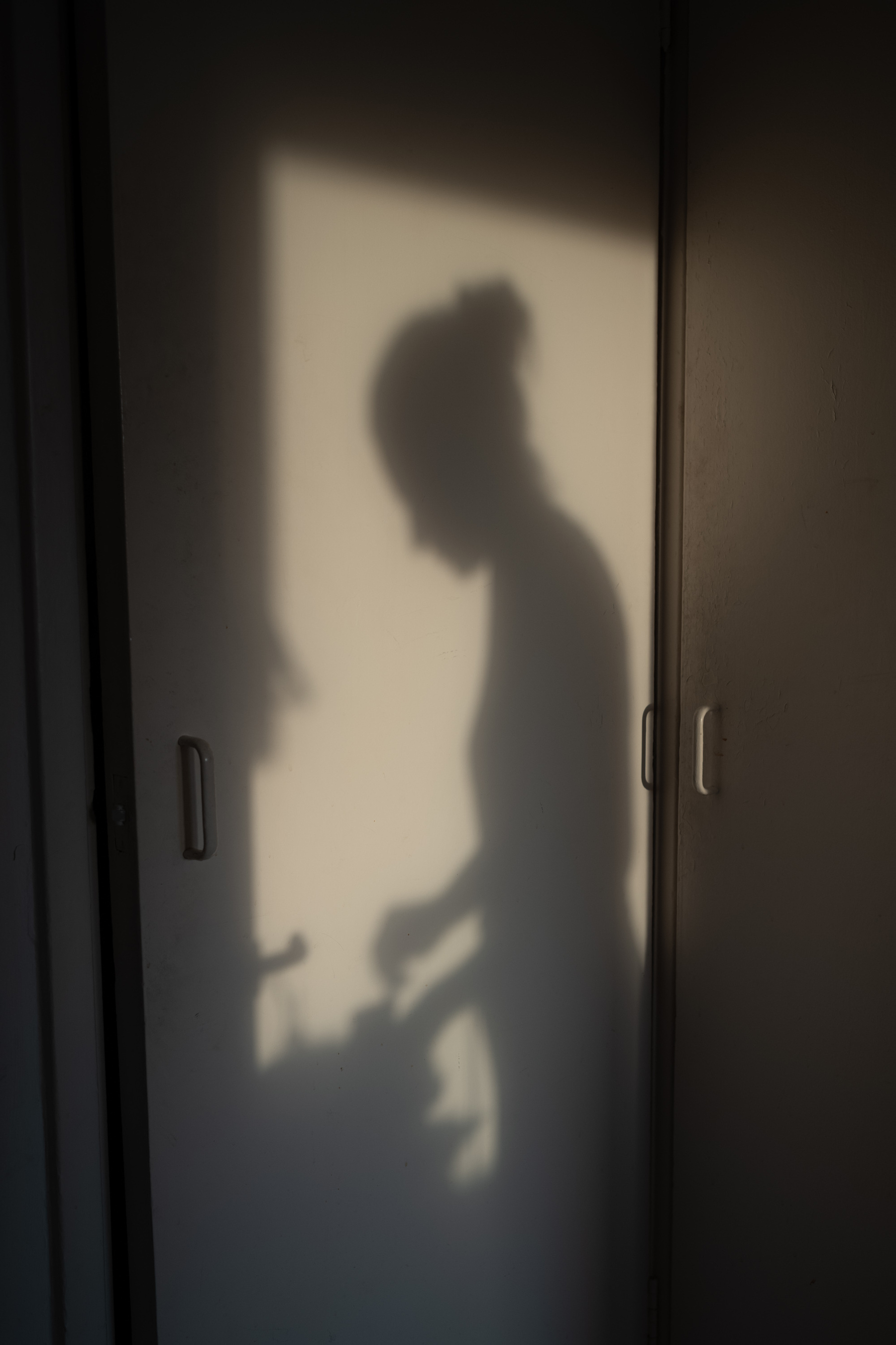 Shadow of a woman in profile in a recatangle of sunlight on a white cupboard door. She is mixing something on a kitchen counter.