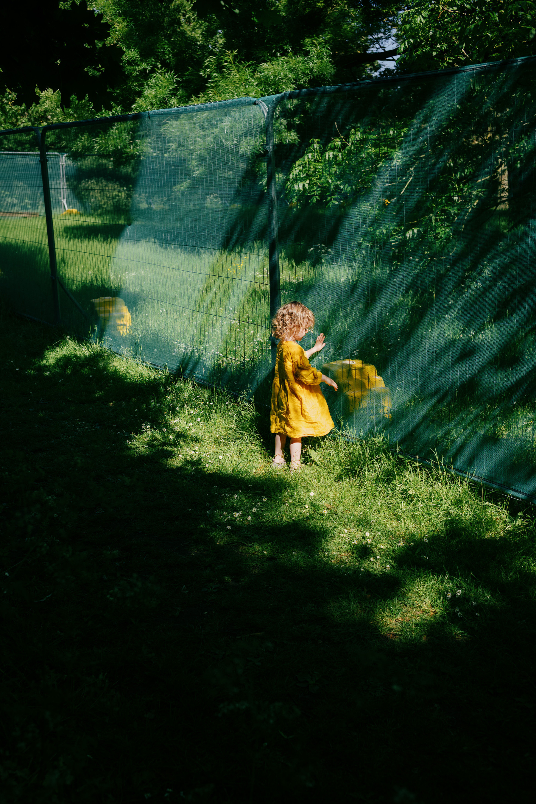 Young girl in a park wearing in a yellow dress reaches out to touch the green netting on some wire fencing. She is in a patch of sun and everything around her is in shade. The light is breaking through tree branches creating streaks of light on the netting. The fence is held up by yellow plastic blocks on the other side of the fence from the girl