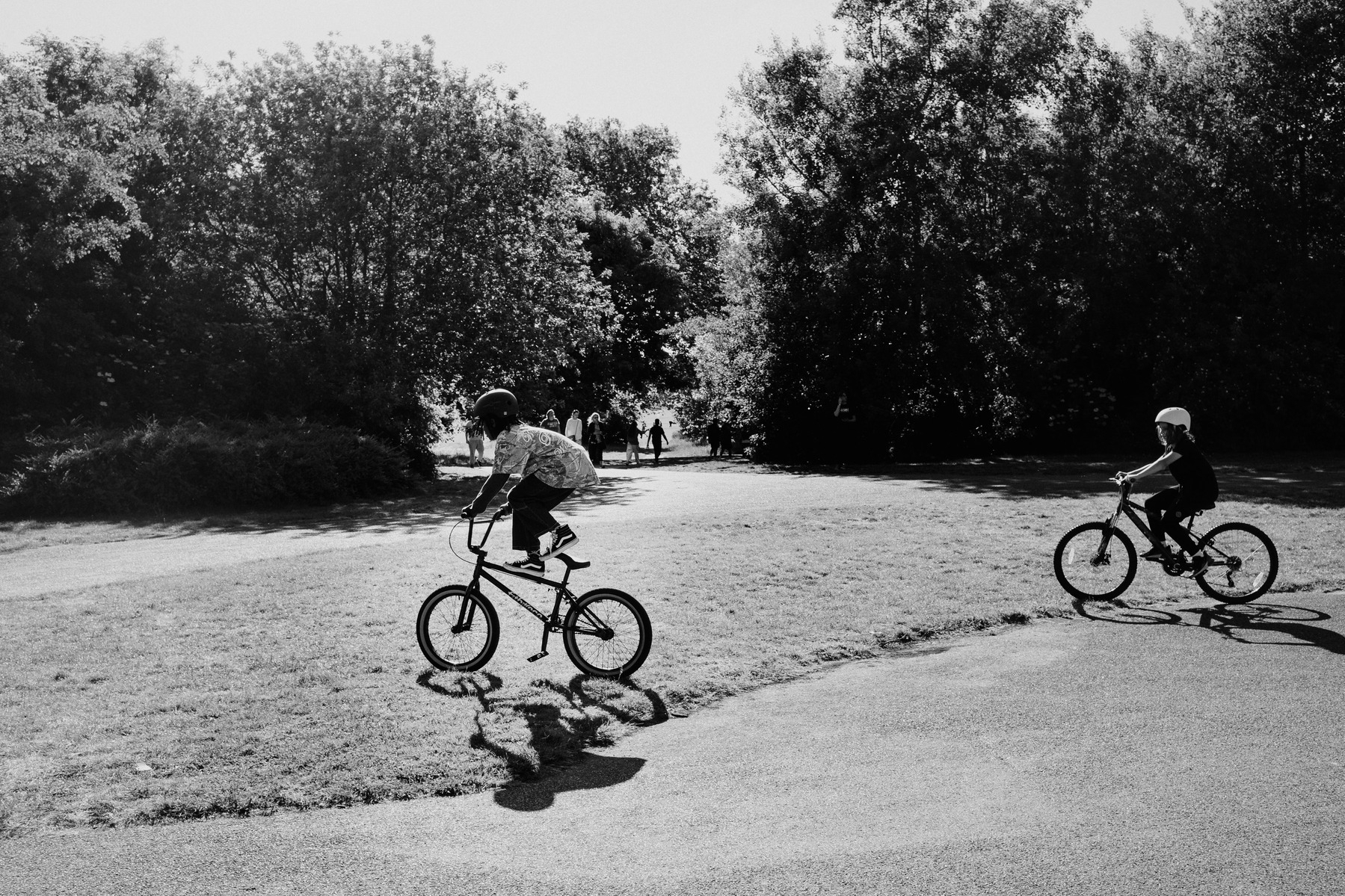black and white photo of two kids cycling from right to left of frame. The kid on the left is balancing with both feet on the top tube of his bike and is hands on the handlebars. They are in a park and there is a path leading between two stands of trees and shrubs behind them. 